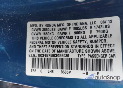 2012 Honda Civic Lx z USA, uszkodzony, nr VIN 19XFB2F59CE366036
